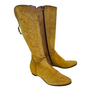 Progetto Women’s Leather Suede Knee High Boots Mustard Yellow Embroidered Wester